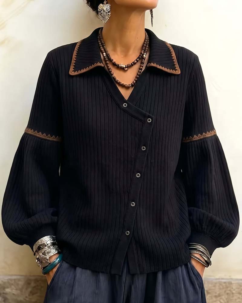 Manteau Col Rabattu Bouton Manche Lanterne