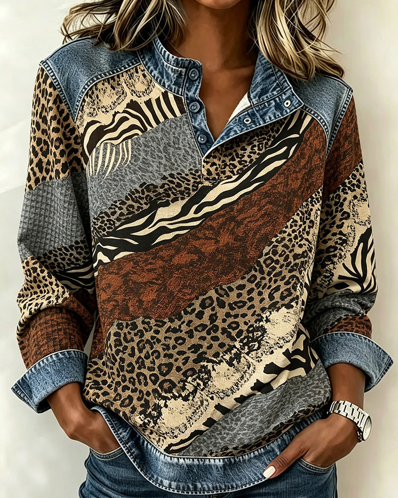 Blouse Patchwork Léopard Bouton