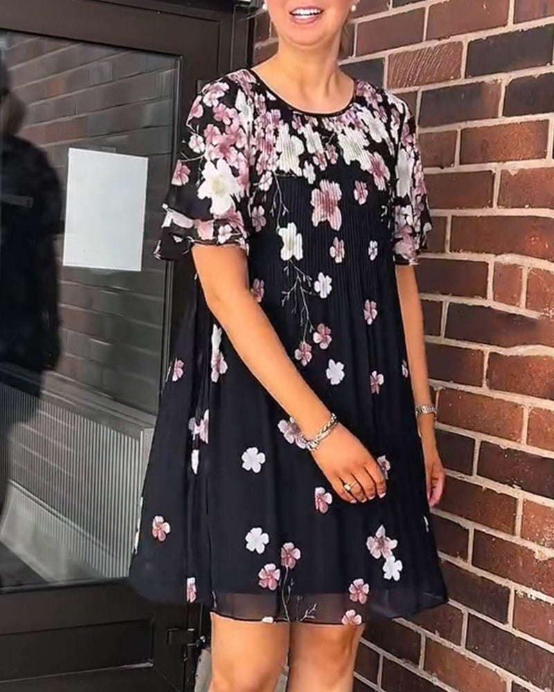 Robe Volant Manche-Courte Florale Plissée