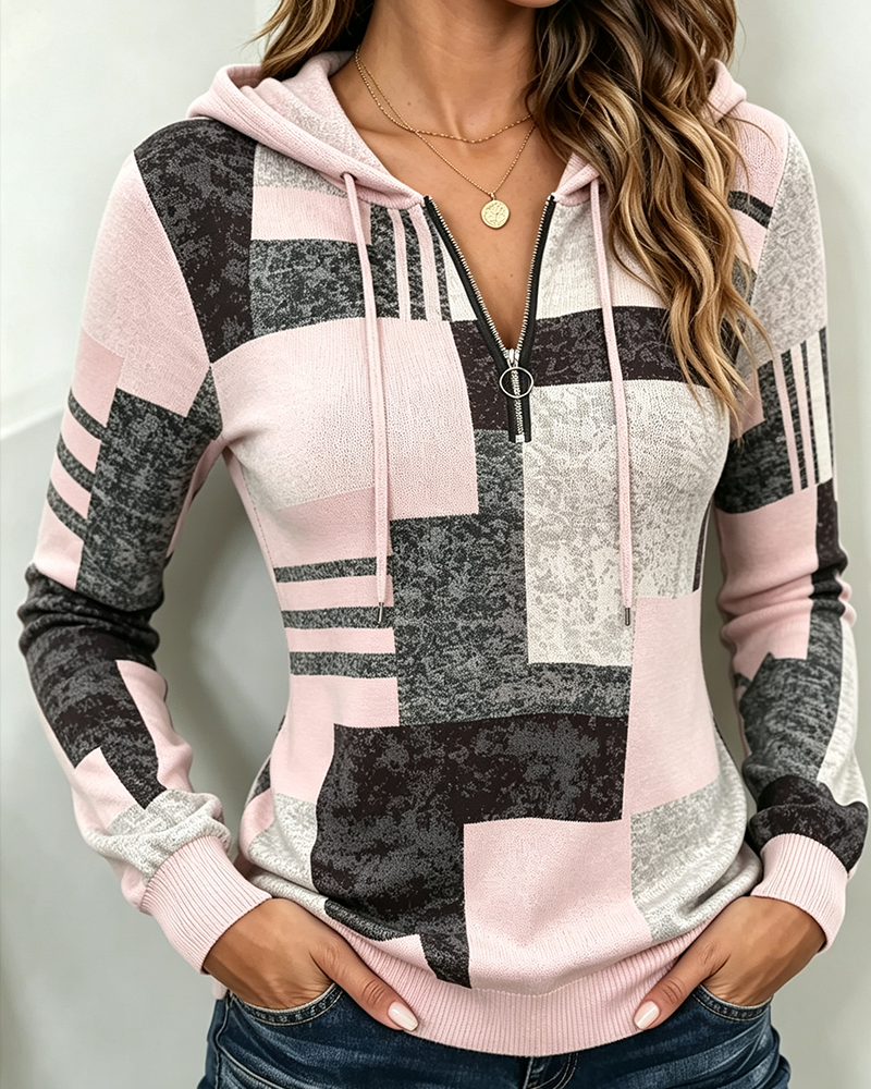 Sweat À Capuche Demi-Zip Décontracté Contraste À Carreaux