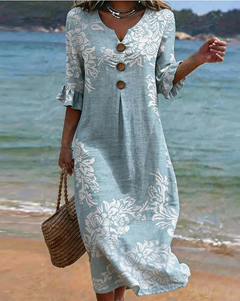 Robes Floral Imprimé Trois-Bouton Longue