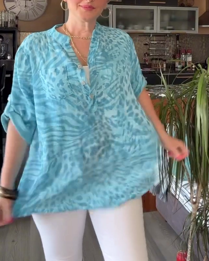 Blouse imprimée col V poche boutonnée manches trois-quarts