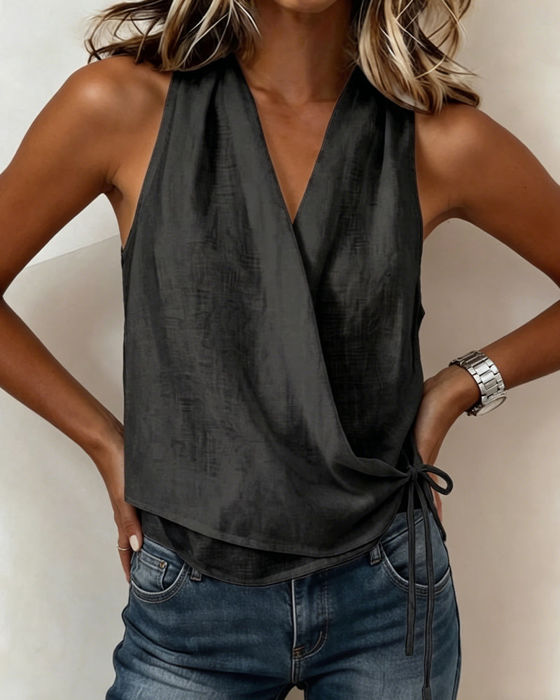 Blouse Unie Sans Manches Encolure Nœud Cou