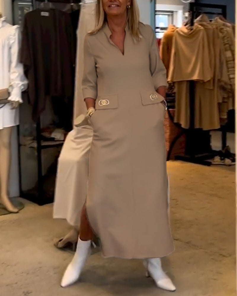 Robe fendue à manches 3/4 de couleur unie