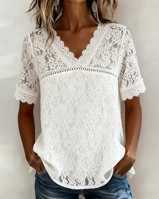 Blouse Uni Manches Courtes En Dentelle