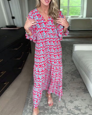 Robe fleurie à col en V et manches lanternes