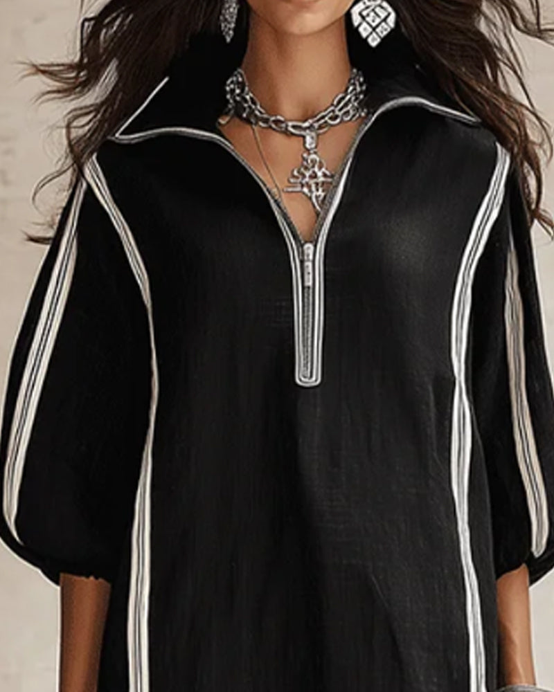 Robe Rayon Fermeture-Éclair Revers Jupe-Pleine