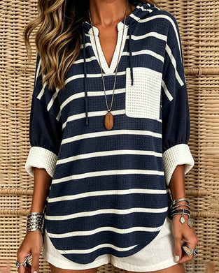 Blouse Rayée Capuche Manche Coude