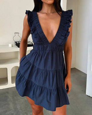 Robe Deep V Volant Sans Manches