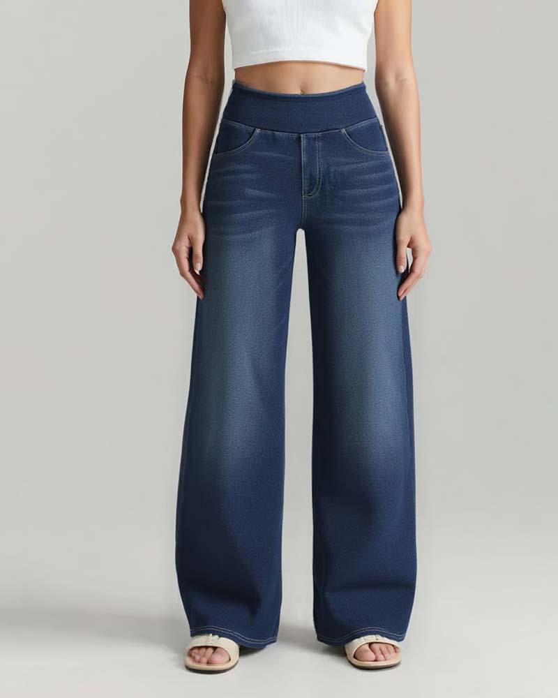 Pantalon Taille Élastique Denim Large Jambe