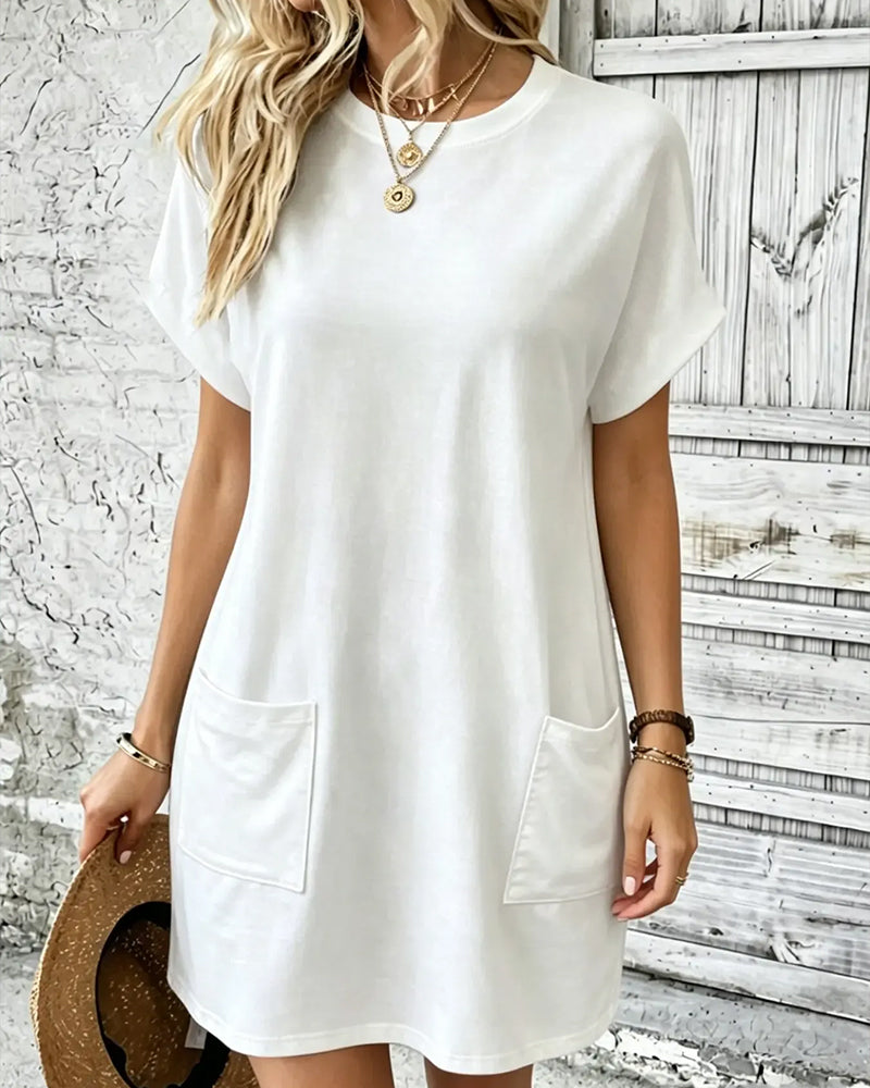 Robe Col Rond Double Poche Unie Décontractée