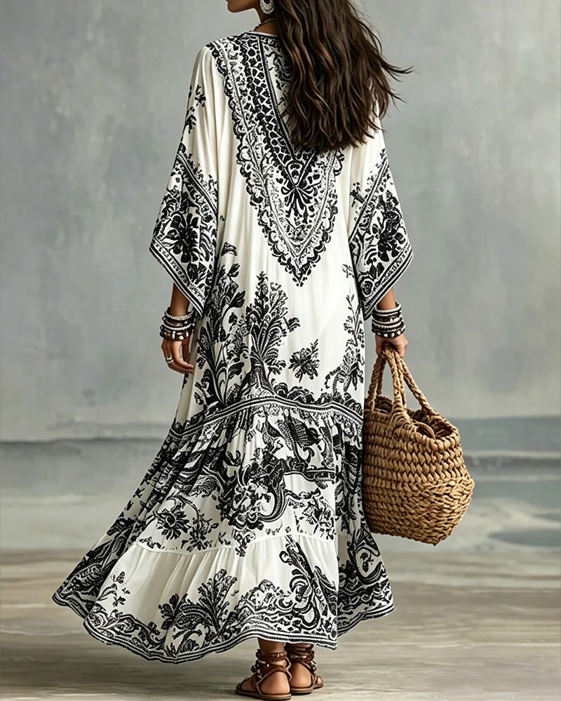 Robe Col En V Bohémienne Évasée Asymétrique