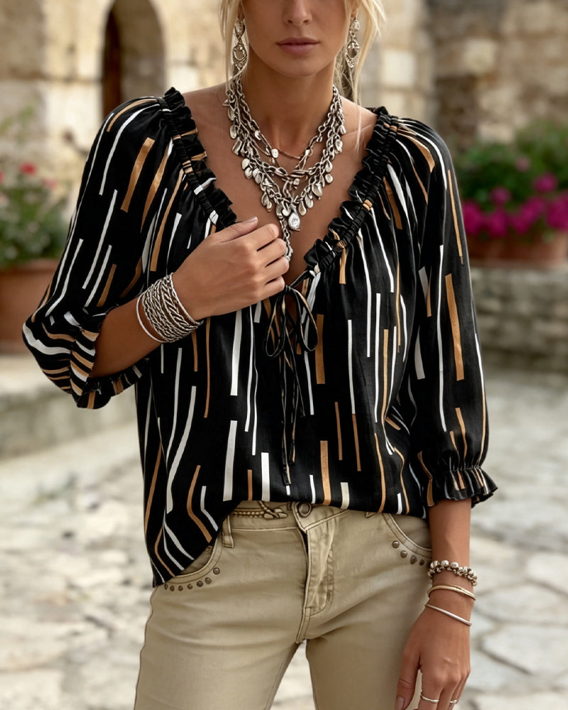 Blouse Col V Volant Garniture Rayure