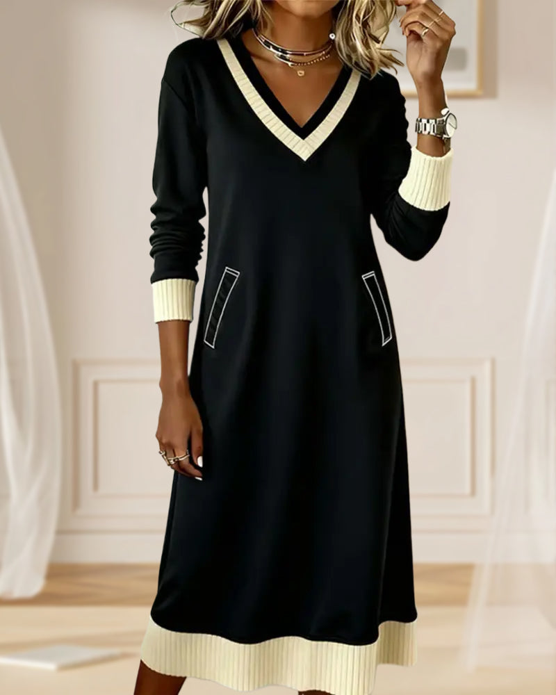 Robe Manches Longues Col En V Contrasté Tricot