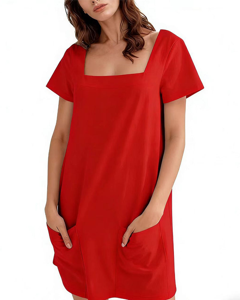 Robe Col Carré Manches Courtes Poche
