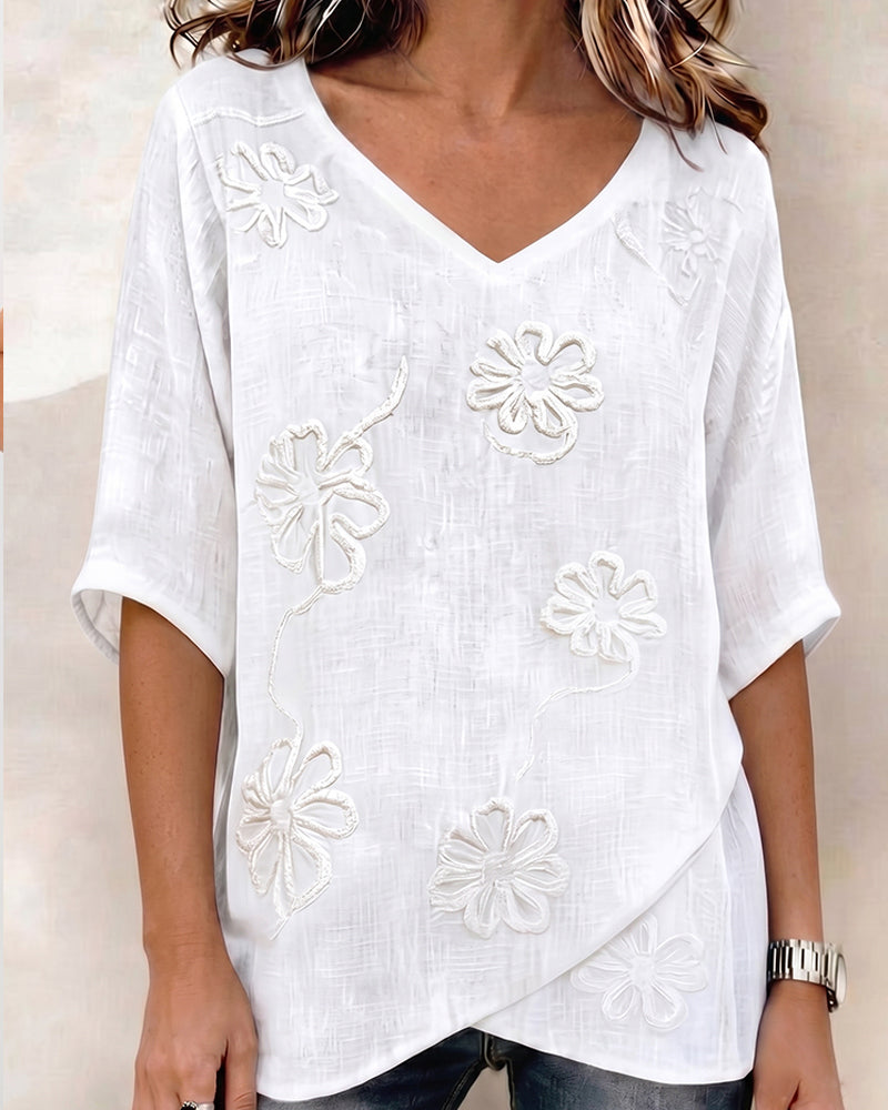 Blouse Col V À Fleurs Manches Mi-Longues