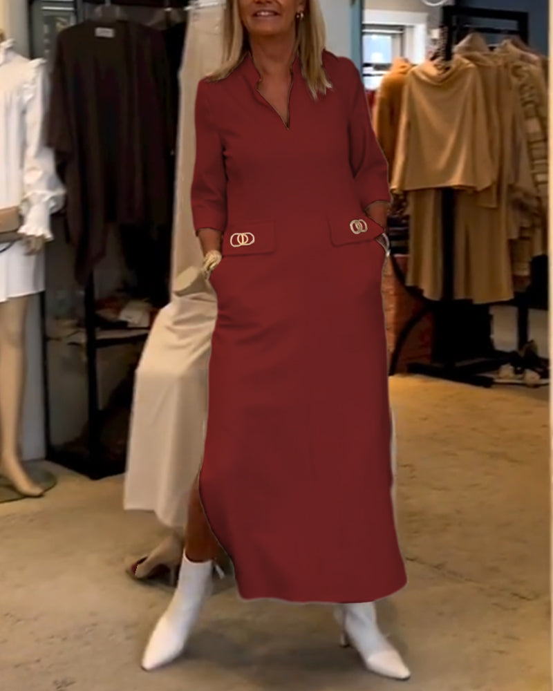 Robe fendue à manches 3/4 de couleur unie