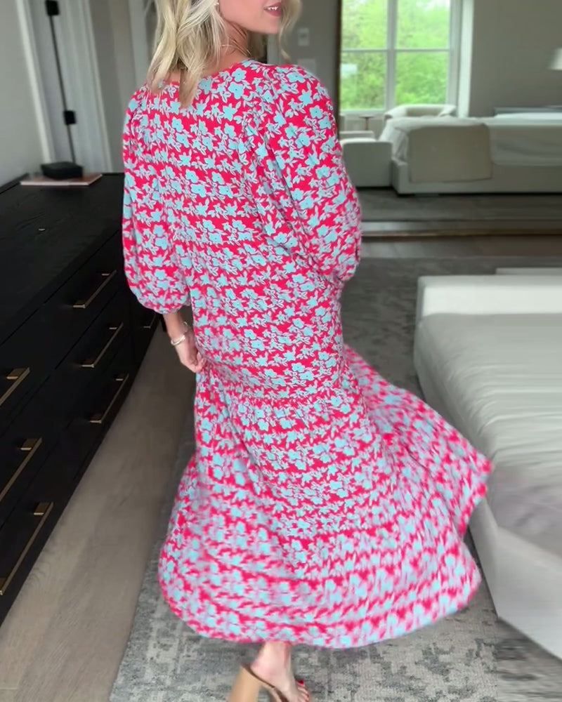 Robe fleurie à col en V et manches lanternes