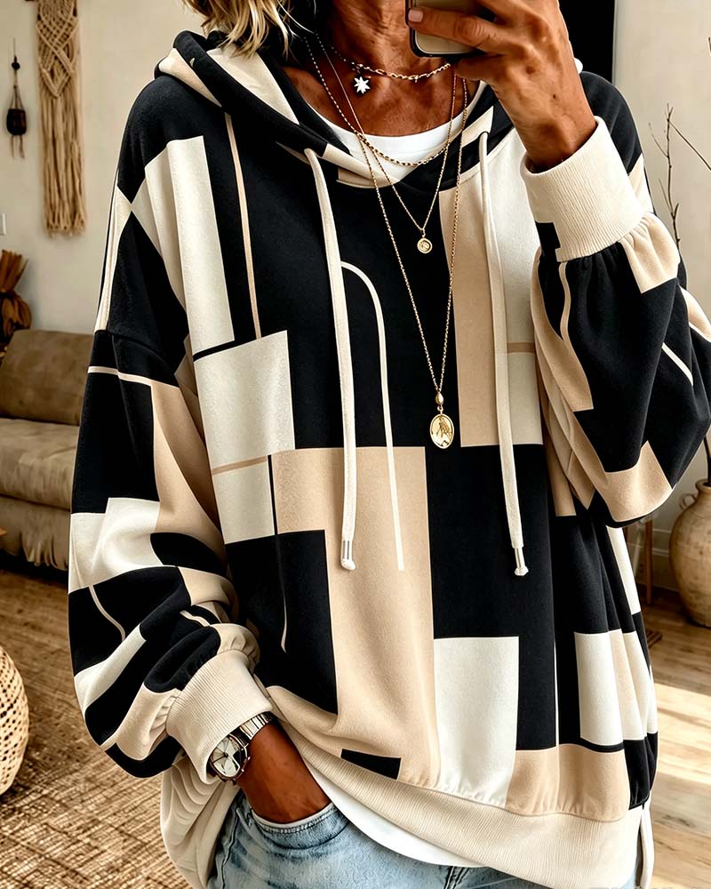 Sweatshirt Imprimé Géométrique Bloc De Couleur Cordon De Serrage