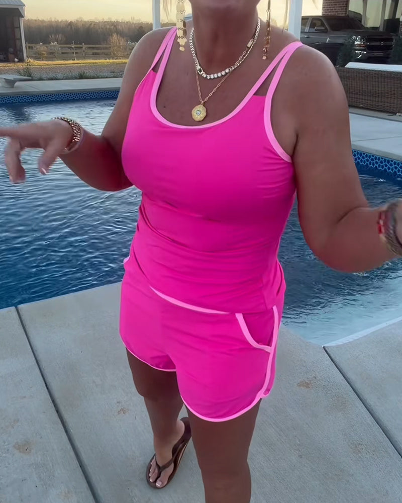 Tankini Avec Contraste De Couleur Passepoil Appliqué