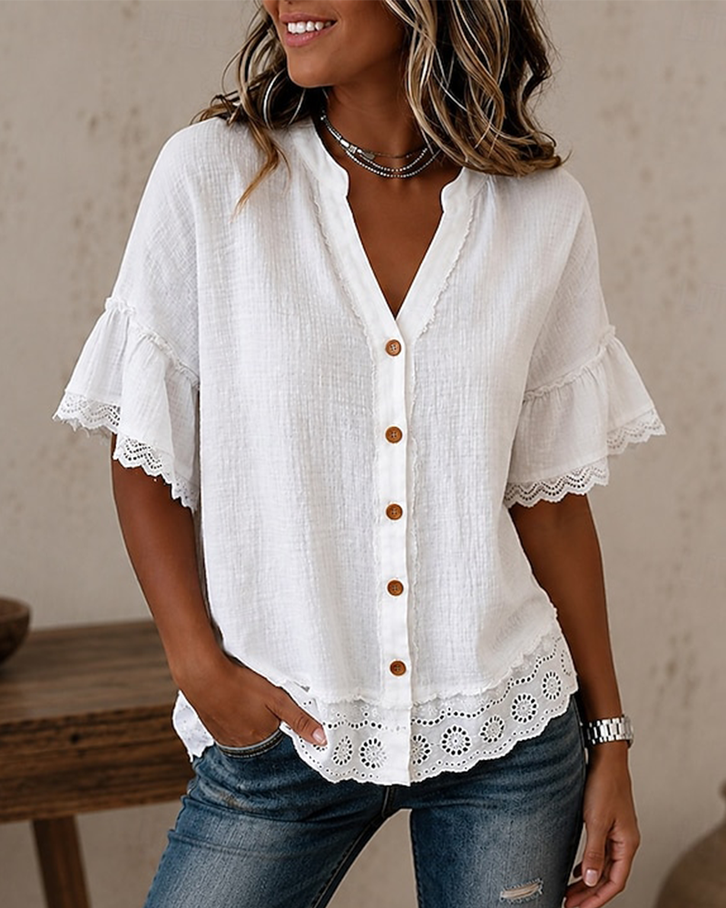 Blouse Col V Dentelle Patchwork Bouton