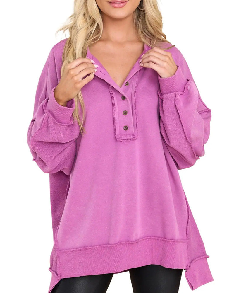Sweatshirt Bouton Irrégulier Unie Lâche