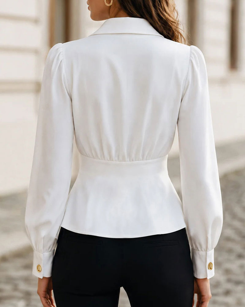 Blouse Col En V Taille Cintrée Bouton Manche Bouffante