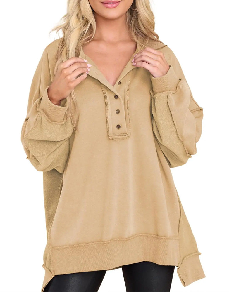 Sweatshirt Bouton Irrégulier Unie Lâche