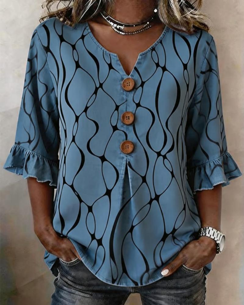 Blouse Ligne Abstraite Trois Boutons Manche Volantée