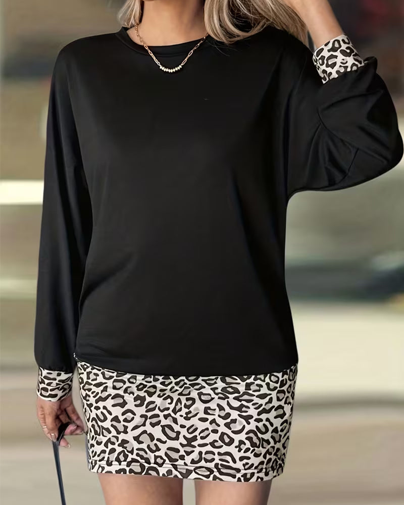Robe Rond Léopard Patchwork Manche Longue
