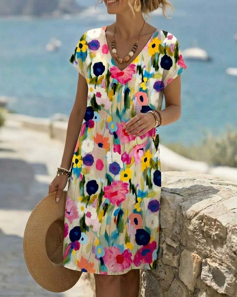 Robe Peinture À L'huile Imprimé Floral Manches Courtes