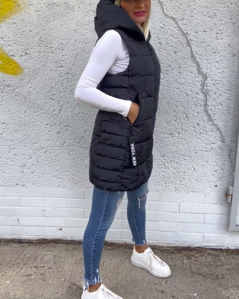 Manteau matelassé sans manches à capuche et fermeture éclair