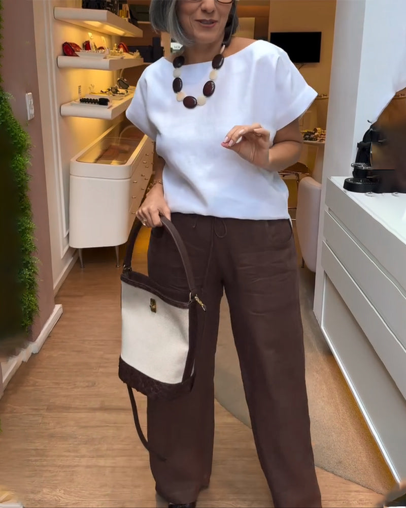 Pantalons à Jambes Larges de Style Casual en Couleur Uni et avec Cordon de Serrage