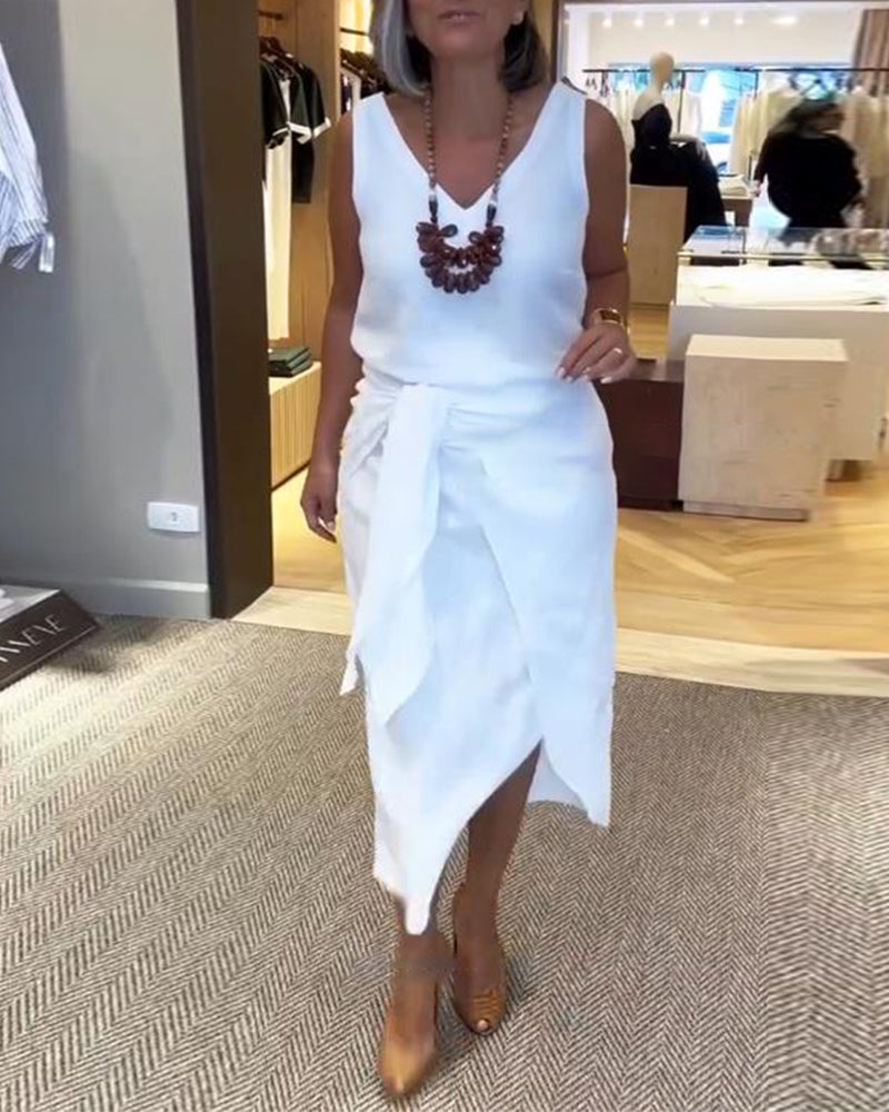 Robe Sans Manches Encolure V Uni