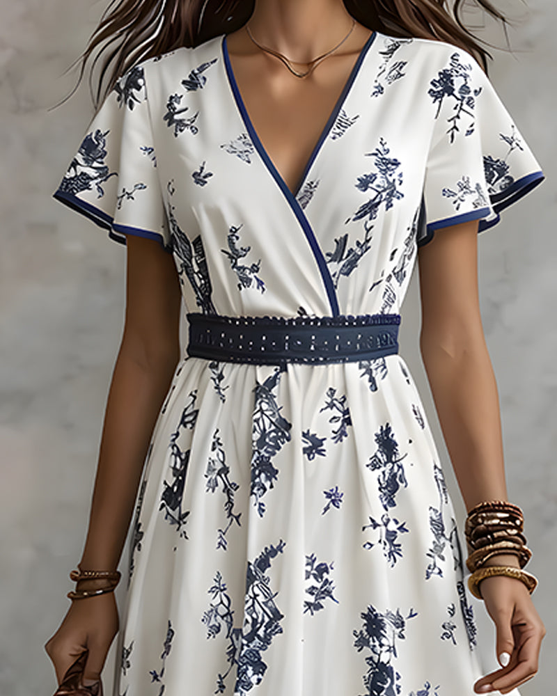 Robe Manche Volantée Col V Croisé Taille
