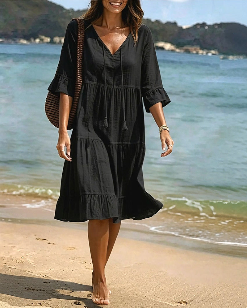 Robe Évasée Demi-Manche Nœud À La Taille