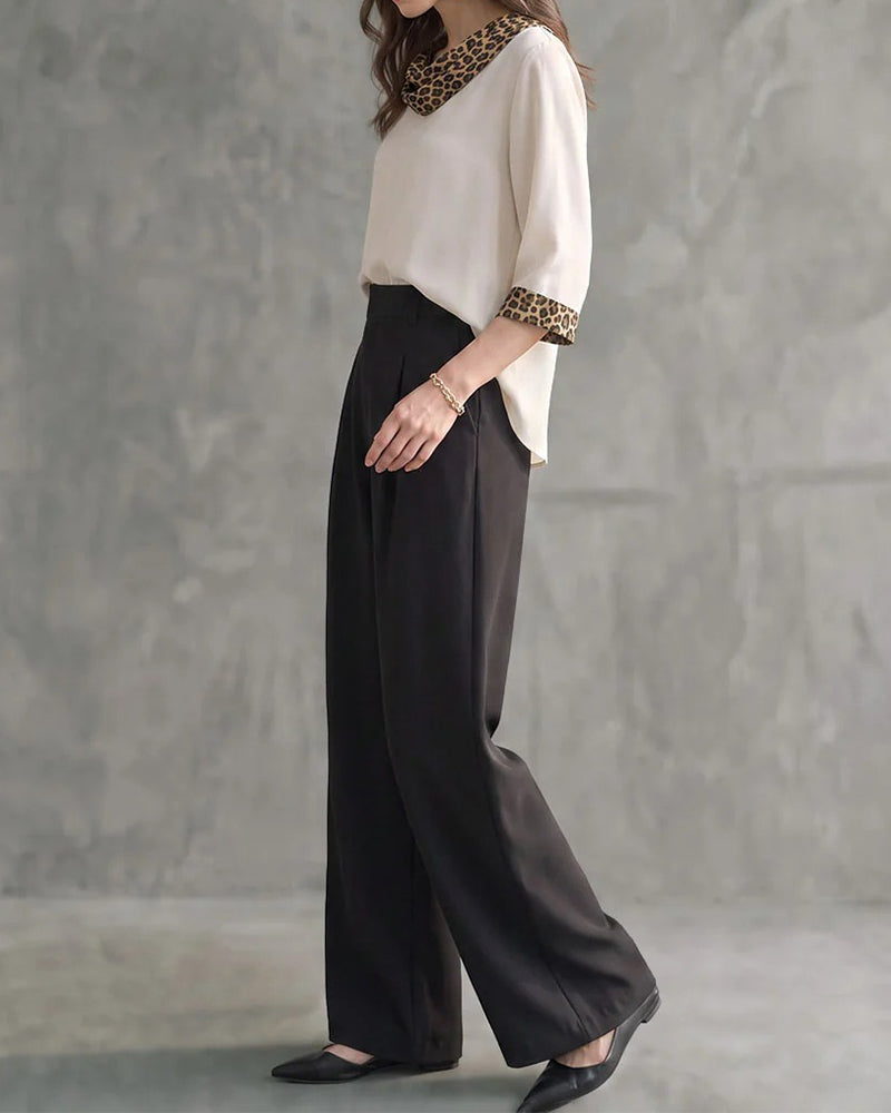Blouse Léopard Panneau Col Drapé Manche Coude