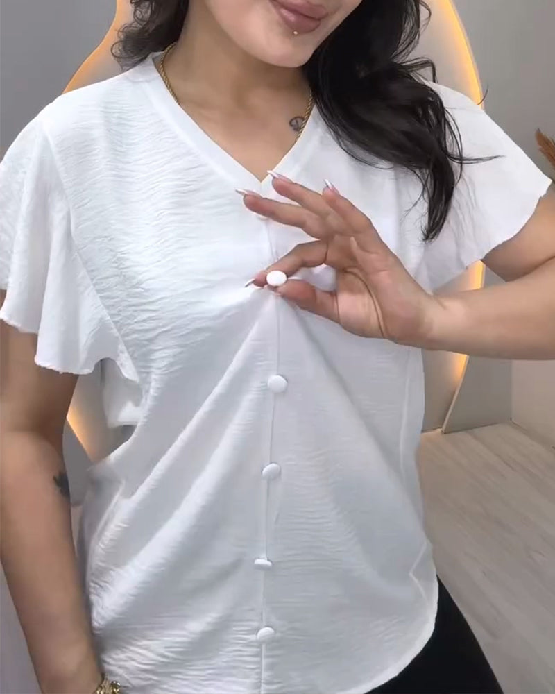 Blouse Col V Bouton Manche Volantée