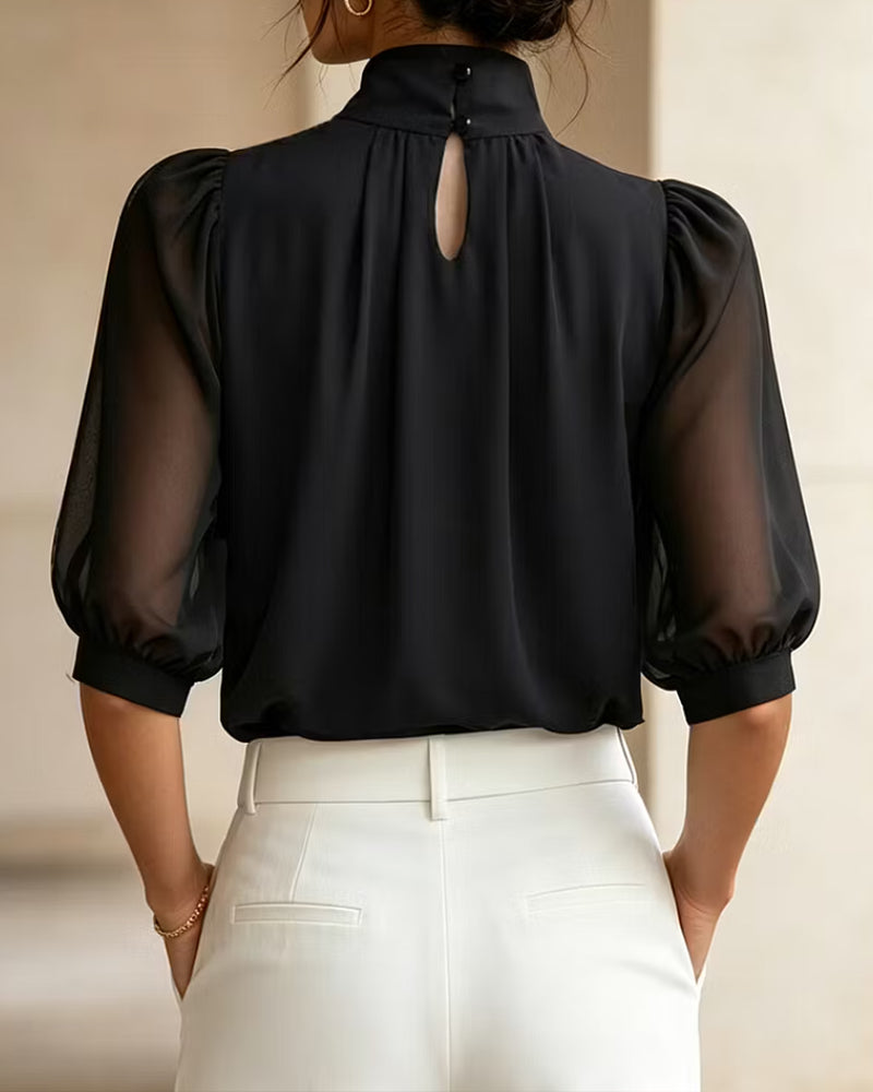 Blouse Col Haut Manches Ballon Coude Mousseline