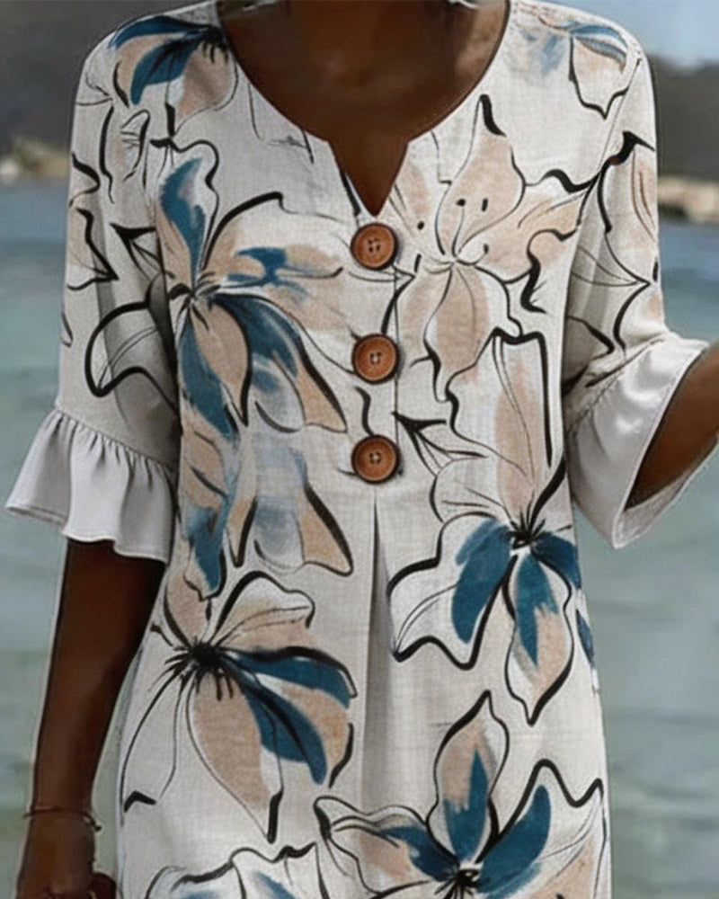 Robe Col V Aquarelle Floral Fourreau