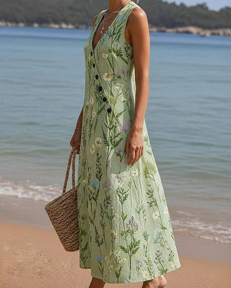 Robe Bouton Diagonal Sans Manches Col En V Fleurie
