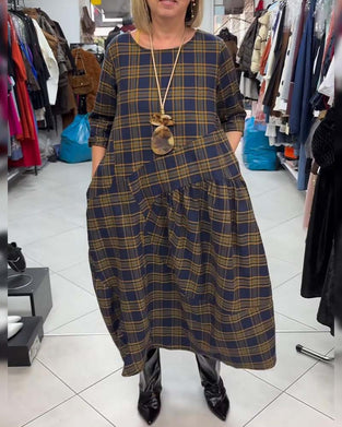 Robe À Carreaux Imprimée À Col Rond