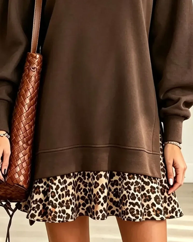 Robe Col À Revers Imprimé Léopard Faux Deux Pièces