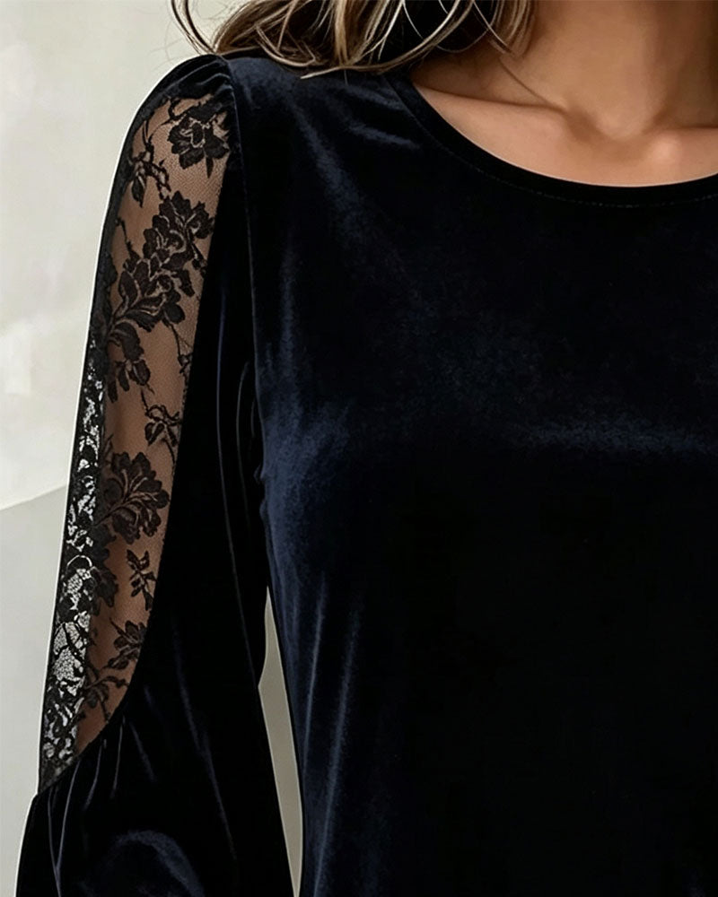 Haut Col Rond Manches Bouffantes Dentelle Patchwork