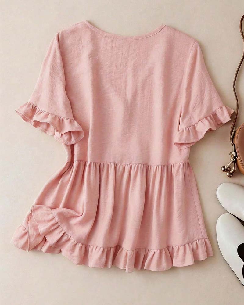 Blouse Col V Volant Perle Bouton