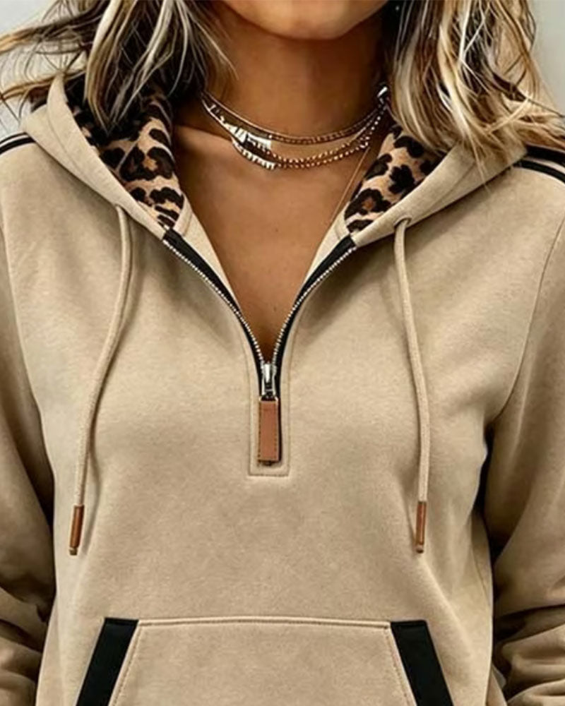 Sweat À Capuche Demi-Zip Imprimé Léopard