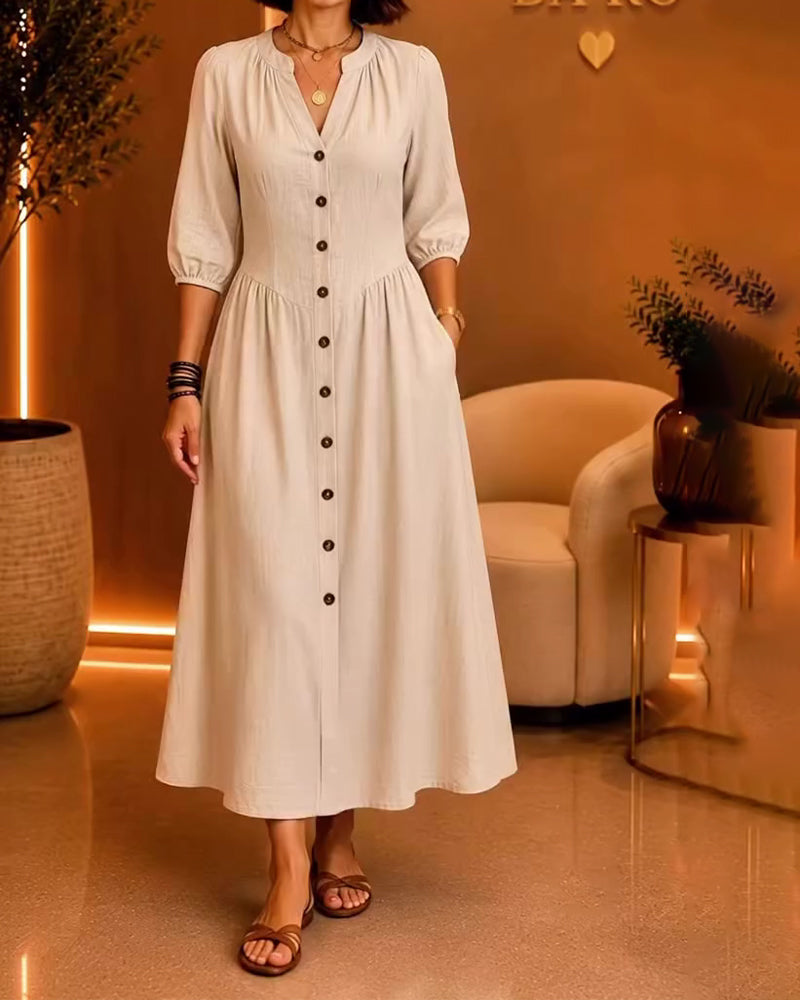 Robe Col En V Bouton Froncée Manche Coude