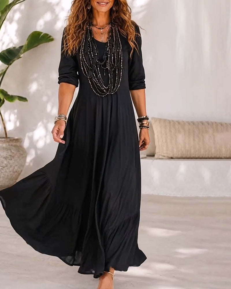 Robe Uni Couleur Col V Taille Ligne A