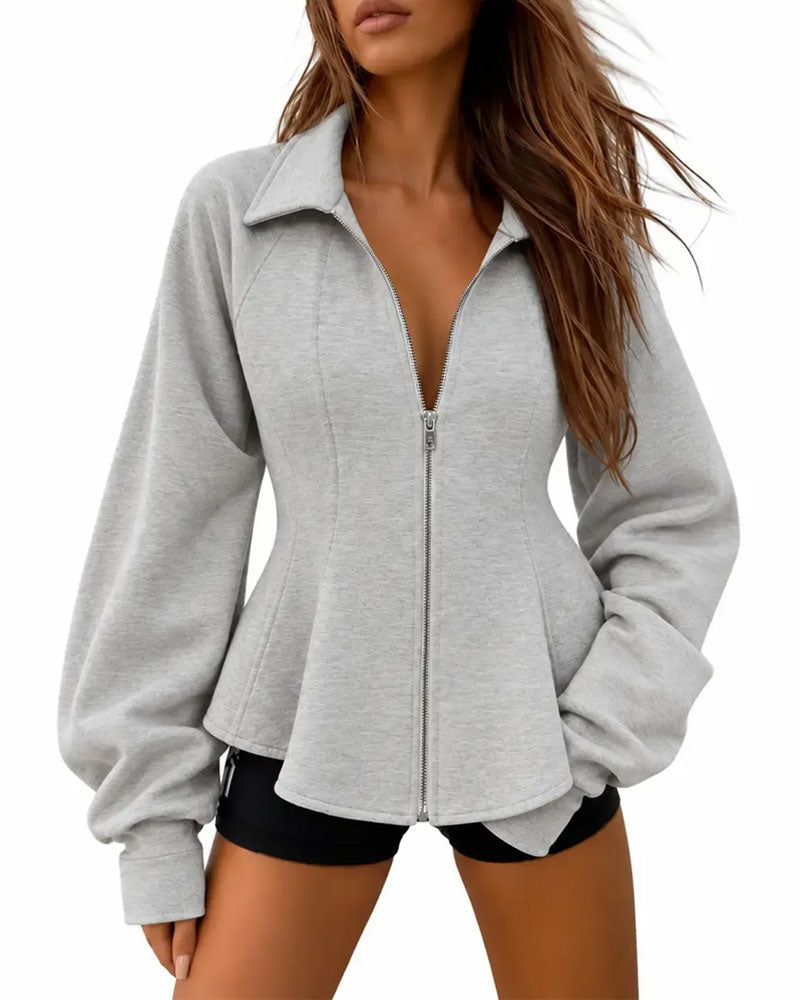 Manteau Revers Fermeture Éclair Taille Plissée