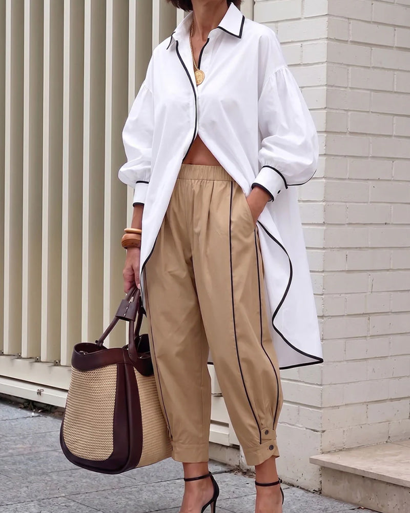 Blouse Manche Lanterne Contraste Lâche